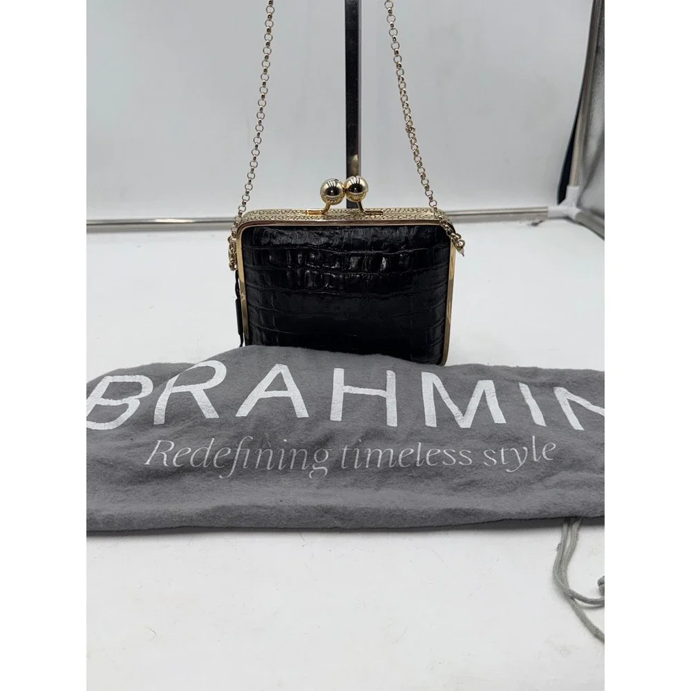 Brahmin Espresso Brown Croc Embossed Leather Kiss Lock Clutch Crossbody Bag